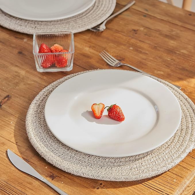 Art PineCone's Woven Cotton Rope Round Placemats Set of 4 with Holder Included, Non-Slip, and Heat Resistant Shabby Chic Placemats (Taupe Mix, 13 inch)