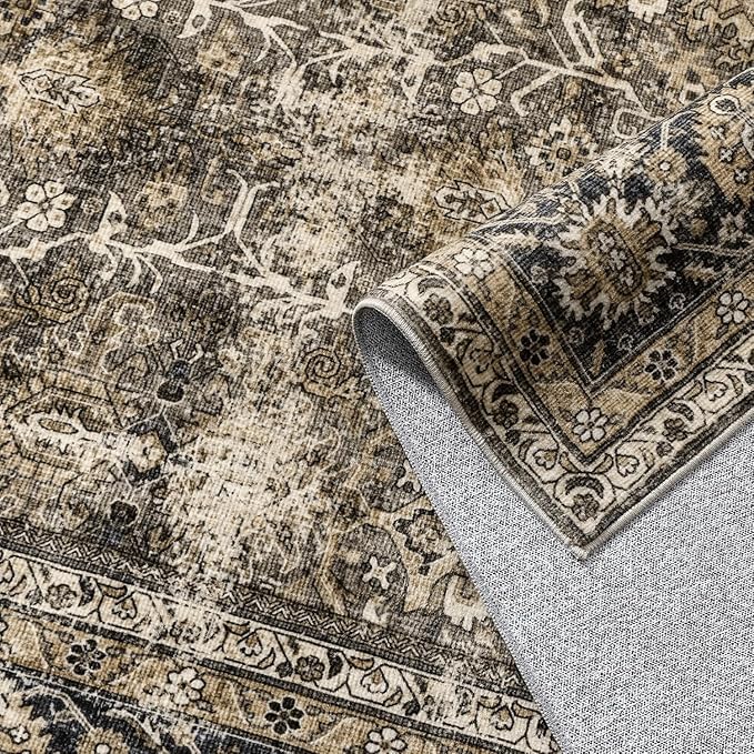 PureCozy Vintage Area Rug 4x6 Brown Entryway Office Washable Carpet Non Slip Bedroom Indoor Living Room Door Mat Low Pile Traditional Distressed Retro Accent Rug for Dining Room Bathroom Kitchen