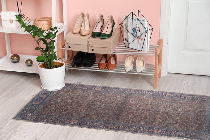 RugOver Machine Washable Area Rug, Pet-Friendly and Non-Slip Indoor Carpet for Kitchen, Bathroom, Living Room, Home Floor Decoration(Denim/Eggnog, 2'6" x 6'6")