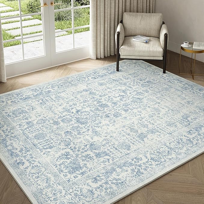 PureCozy Blue Area Rug 5x7 Machine Washable Vintage Living Room Distressed Non Slip Carpet Traditional Indoor Bedroom Retro Floral Accent Throw Large Rug Office Kitchen Bathroom Dining Room