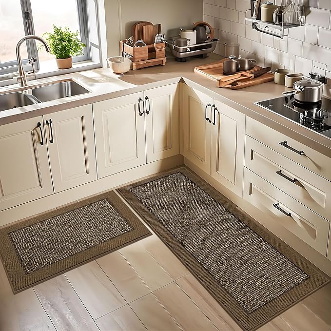BEQHAUSE Kitchen Rugs and Mats Set of 2 Non-Slip Kitchen Mats for Floor, Absorbent and Stain Resistant Kitchen Runner, Machine Washable Rugs for Kitchen, Laundry & Sink, 24"x36"+24"x60", Brown