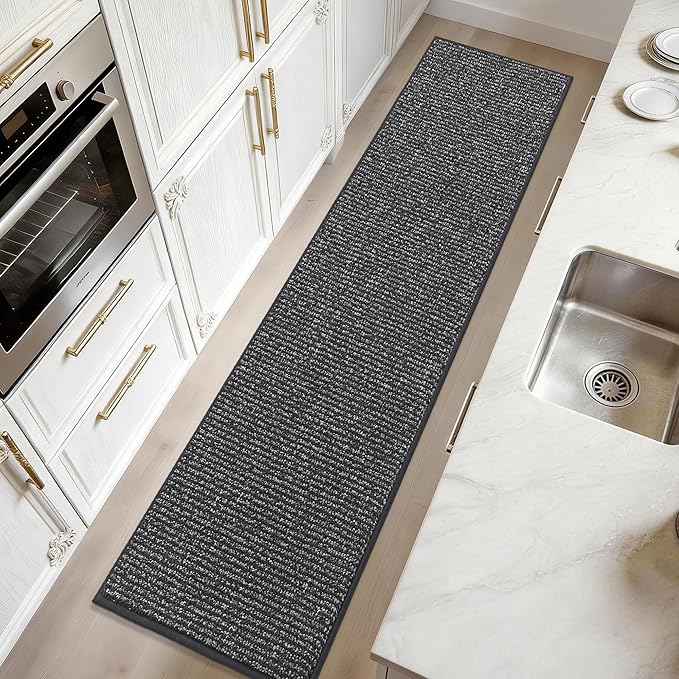 JSEI Kitchen Runner Rugs, 17''x71'' Non-Slip Kitchen Mats for Floor, Machine Washable Absorbent and Stain Resistant Kitchen Rug, Carpet Mats with TPR Backing for Kitchen, Charcoal