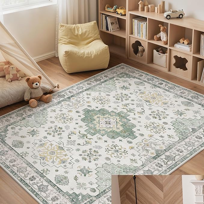 GENIMO 5x7 Area Rugs for Living Room,Machine Washable Non-Slip Vintage Rug, Low Pile Lightweight Carpet for Bedroom, Dining Room, Home Office, Stain & Fade Resistant,Green