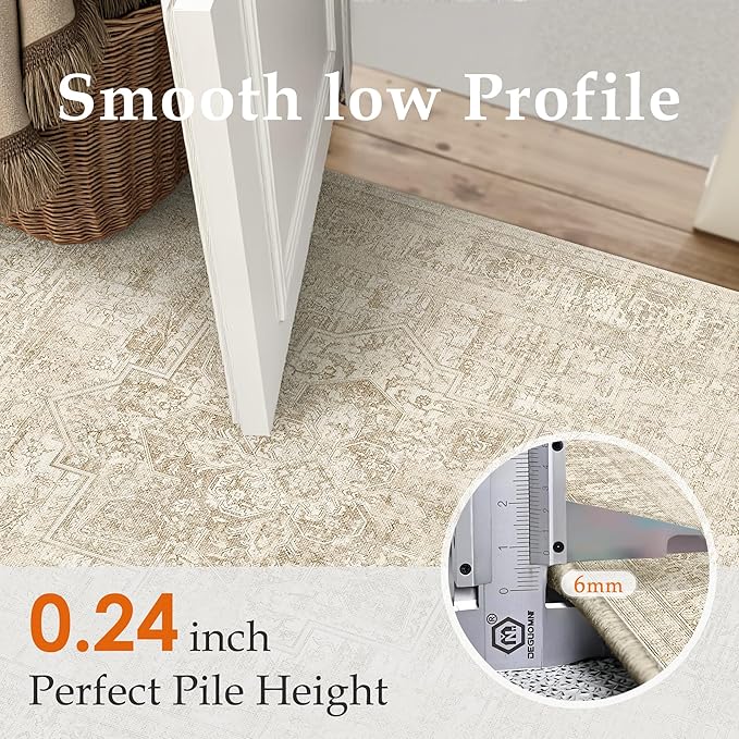 PureCozy 6x9 Area Rug Washable Living Room Bedroom Carpet Vintage Distressed Large Non Slip Low Pile Thin Cream Beige Dining Room Office Medallion Accent Throw Rug