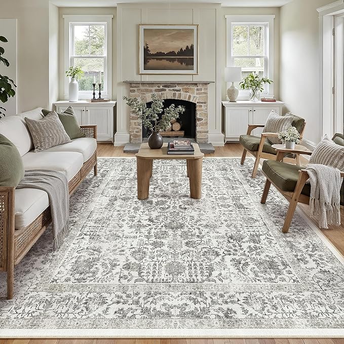 PureCozy Black Area Rug 6x9 Machine Washable Vintage Living Room Distressed Non Slip Carpet Traditional Indoor Bedroom Retro Floral Accent Throw Large Rug for Office Kitchen Dining Room
