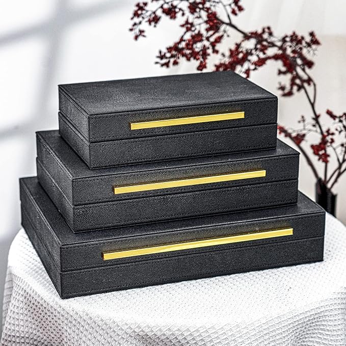 XINSTAR Faux Black Shagreen Leather Decorative Boxes,Decorative Storage Boxes With Lids 3 Pcs Set,Storage Boxes Jewelry Organizer,Women'S Accessory Organizer Men'S Jewelry Organizer
