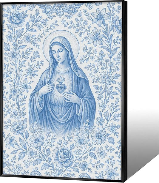 Framed Blue Virgin Mary Immaculate Heart Canvas Wall Art Christian Catholic Wall Decor Our Lady of Guadalupe Portrait Poster Prints Religious Bible Artwork for Living Room Prayer Room Church 16x24in