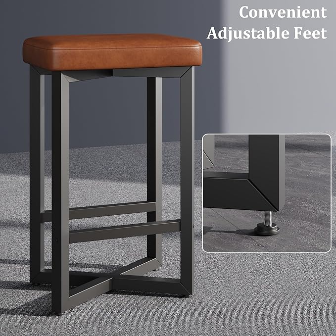 IDEALHOUSE Bar Stools Set of 2, 24.6" Counter Height Backless Barstools, Upholstered PU Leather Seats with Metal X-Frame & Footrest, Modern Kitchen Stools for Home Bar, Dining Room, Brown