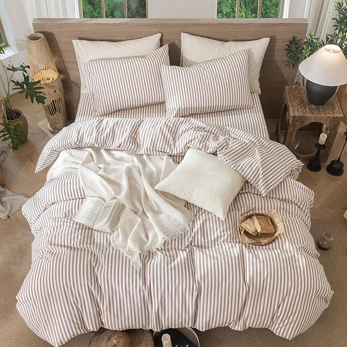 MooMee Striped Duvet Cover Set 100% Washed Cotton Linen Like Textured Breathable Durable Soft Comfy (Orange Classic Stripes, Cal King 104"x98")