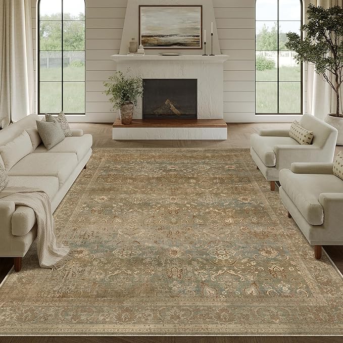 PureCozy Vintage Area Rug 8x10 Washable Brown Living Room Carpet Large Indoor Non Slip Bedroom Low Pile Kitchen Distressed Retro Accent Throw Rug for Dining Room