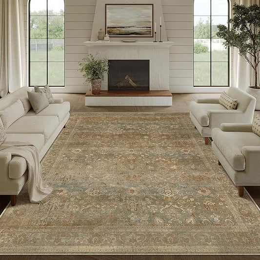 PureCozy Vintage Area Rug 8x10 Washable Brown Living Room Carpet Large Indoor Non Slip Bedroom Low Pile Kitchen Distressed Retro Accent Throw Rug for Dining Room