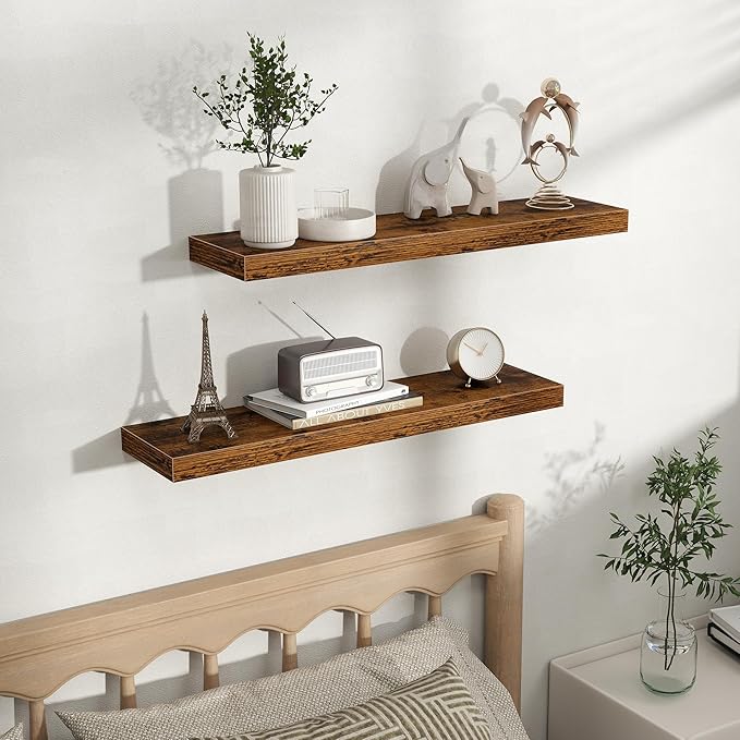 Fun Memories Floating Shelves for Wall, Rustic Wood Wall Mounted Shelves for Bathroom, Bedroom, Living Room and Kitchen, Storage & Home Decor (Set of 2, Brown, 30 in)