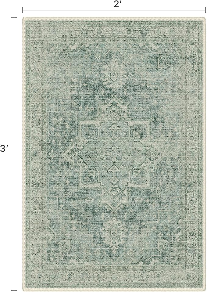 BESBLEE Area Rug 2x3 Doormat, Machine Washable Low Pile Vintage Rugs, Small Lightweight Rug Entryway Indoor Mat for Entrance, Hallway, Kitchen and Corridor, Green