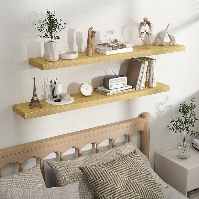 Fun Memories Rustic Wood Floating Shelves for Wall, Space-Saving Wall Mounted Shelves for Bathroom, Bedroom, Living Room and Kitchen, Stylish Storage & Display (Set of 2, Oak, 48 in)
