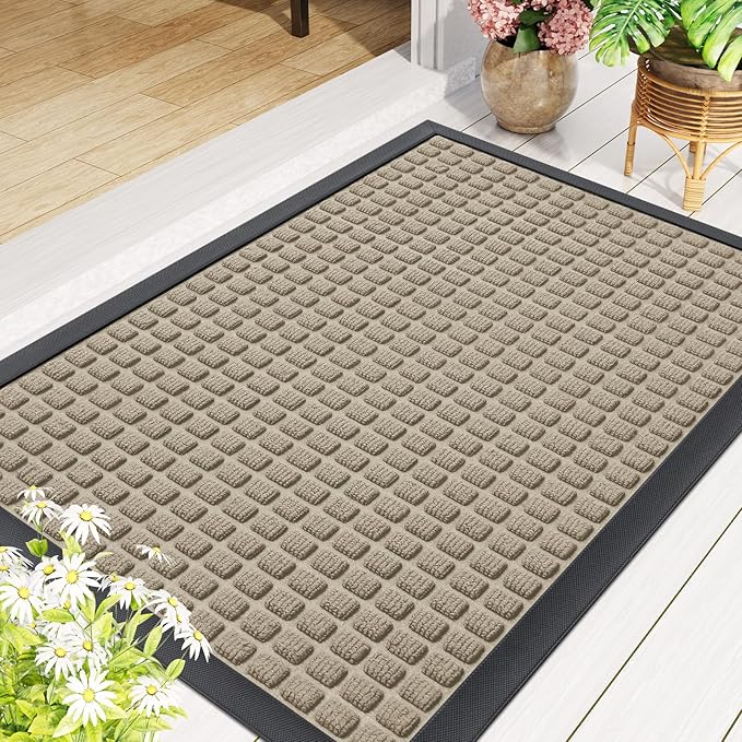 Smiry Front Door Mat Outside Entrance, Heavy Duty Natural Rubber Doormat, Non Slip, Trap Dirt and Moisture, Easy Clean, Low Profile Welcome Floor Mats for Indoor Outdoor Entry, 29.5x17 Inch, Beige