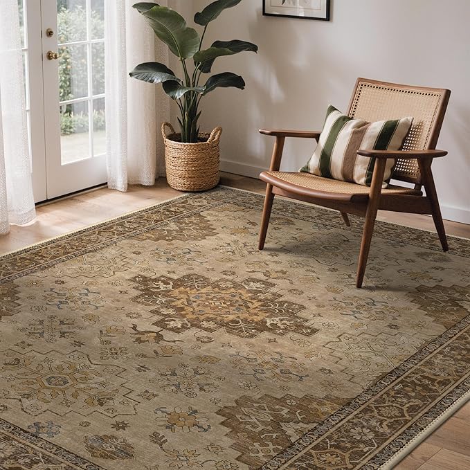 GENIMO 5x7 Area Rugs for Living Room,Machine Washable Non-Slip Vintage Rug, Low Pile Lightweight Carpet for Bedroom, Dining Room, Home Office, Stain & Fade Resistant,Brown