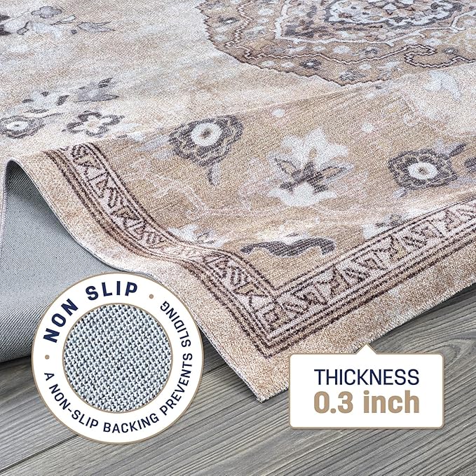 Beverly Rug Non Slip Rugs 6x9 Boho Medallion Floral Non Skid Rubber Backing Easy Silk Soft Area Rug for Living Room Easy to Clean Non Shedding Kitchen Bedroom Indoor Carpet (6 x 9 Beige - Brown)