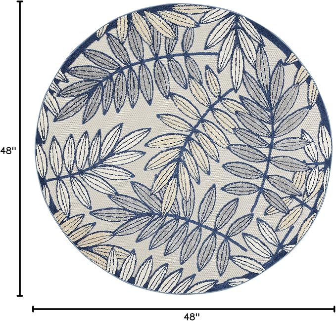 Nourison Home Aloha Ivory Navy 4' x Round Area Rug - Easy Clean, Non Shedding, Bed Room, Living Room, Dining Room, Kitchen (4' x Round)