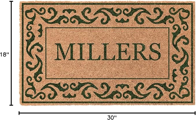 COCO MATS 'N MORE Green Rolling Scrolls Bordered Personalized Coco Doormat 18" x 30" with Vinyl Backing | Personalized Doormats for Outdoor Entrance | Tough Coconut Husk Bristles Locks Dirt Out