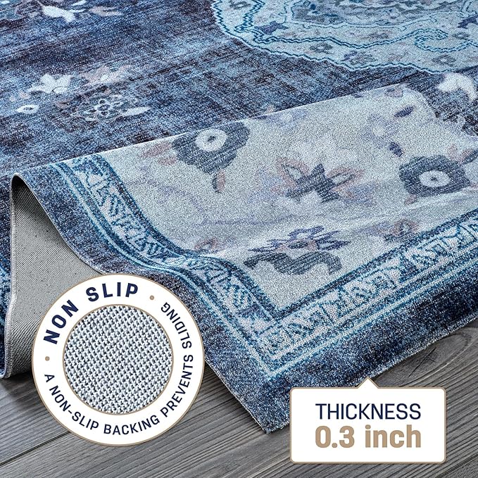 Beverly Rug Non Slip Rugs 5x7 Boho Medallion Floral Non Skid Rubber Backing Easy Silk Soft Area Rug for Living Room Easy to Clean Non Shedding Kitchen Bedroom Indoor Carpet (5 x 7 Blue - Gray)