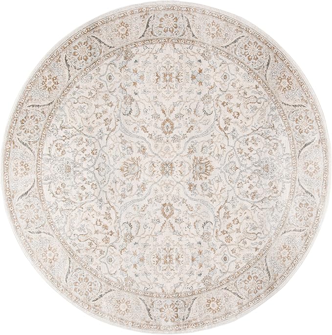 SAFAVIEH Isabella Collection Area Rug - 5'3" Round, Cream & Beige, Oriental Design, Non-Shedding & Easy Care, Ideal for High Traffic Areas in Living Room, Bedroom (ISA912A)