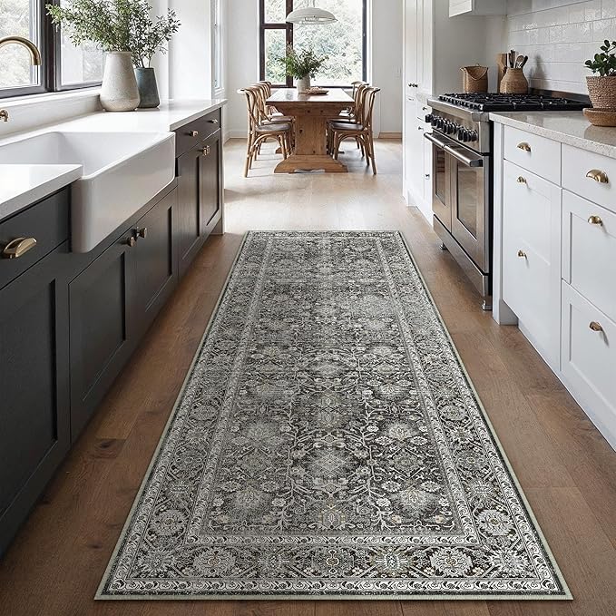 PureCozy Black Runner Rug 2x7 Vintage Area Carpet Hallway Long Indoor Kitchen Washable Living Room Low Pile Traditional Distressed Retro Accent Throw Rug Non Slip Laundry Bathroom Office Dining Room
