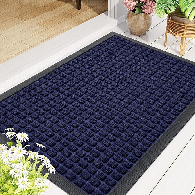 Smiry Front Door Mat Outside Entrance, Heavy Duty Natural Rubber Doormat, Non Slip, Trap Dirt and Moisture, Easy Clean, Low Profile Welcome Floor Mats for Indoor Outdoor Entry, 29.5x17 Inch, Navy Blue