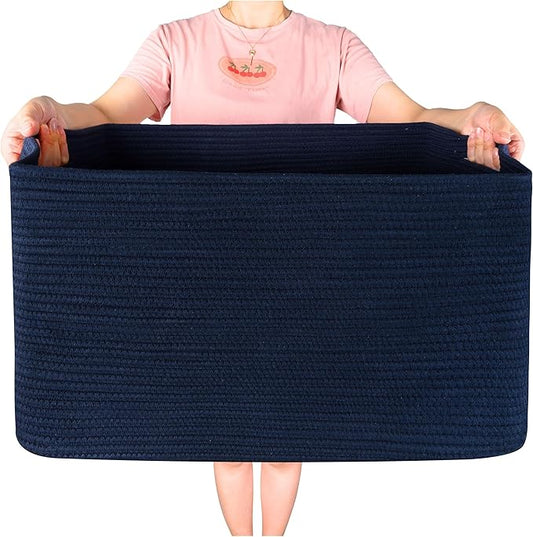 MINTWOOD Design 22in Extra Large Blanket Basket Holder Living Room, Rectangle Rope Woven Storage Basket with Handles for Laundry, Pool Towels, and Shoes, Dog Toy Organizer Bin Box, Full Navy