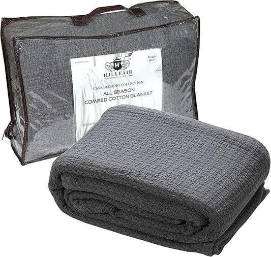 HILLFAIR 100% Soft Premium Combed Cotton Thermal Blanket– King Blankets – Soft Cozy Warm Cotton Blanket– Bed Throw Blanket– King Bed Blankets– All Season Cotton Blankets– Grey King Cotton Blankets