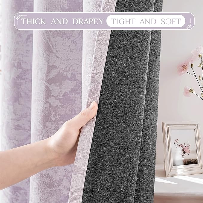 Beauoop Purple Floral Jacquard Blackout Curtains 63 Inches Long 2 Panels for Bedroom Living Room Chenille Flower Room Darkening Thermal Insulated Soundproof Grommet Window Treatments Drapes, 52x63