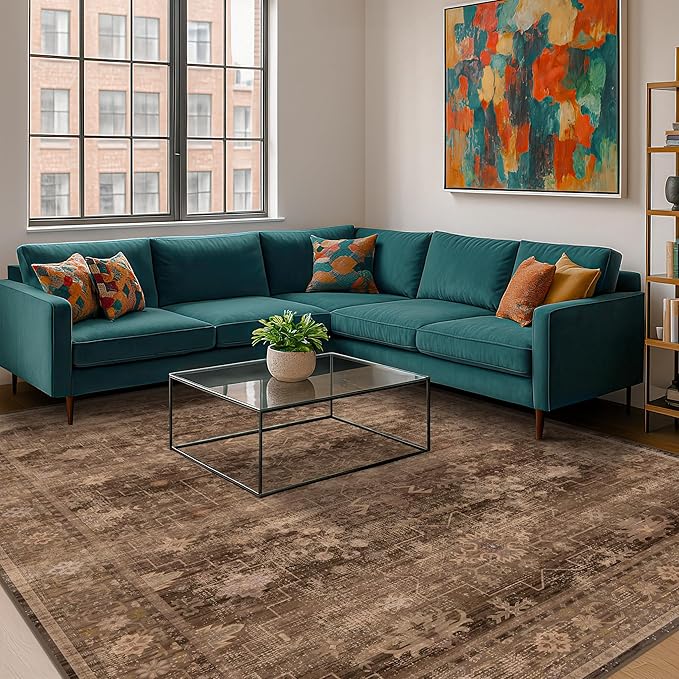 Hazo Haus Boho Taupe Brown 5x7 Living Room Rug - Modern Vintage Traditional Oriental Neutral, Washable Low Pile Non-Slip Large Area Rugs for Nursery Dining Under Table