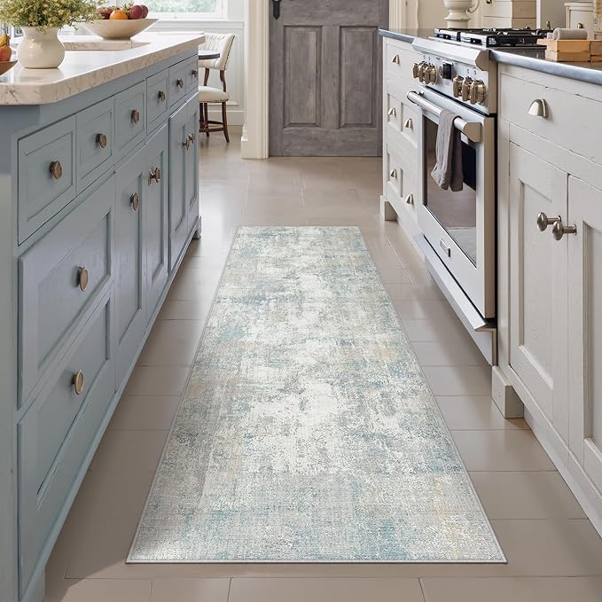 WondRg 2x6 Washable Runner Rug Blue Cream Abstract Hallway Kitchen Throw Rug Neutral Modern Non Slip Soft Low Pile Lightweight Carpet for Bathroom Laundry Bedroom Living Room