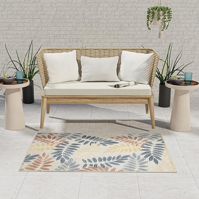 Nourison Home Aloha Ivory Blue 2'8" x 4' Area Rug - Easy Clean, Non Shedding, Bed Room, Living Room, Dining Room, Kitchen (3' x 4')