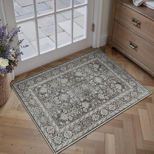 PureCozy Black Entryway Rug 2x3 Vintage Area Carpet Indoor Kitchen Washable Door Mat Living Room Entrance Small Low Pile Traditional Distressed Retro Accent Throw Rug Non Slip Office Bathroom