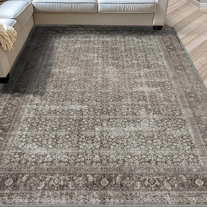 Fortsea Area Rug 7X9 Washable Rug Moss Salmon Vintage Traditional Distressed Thin Retro Kitchen Indoor Floor Cover Non Slip Carpet Floral Print Mat Living Room Bedroom Dining Room (Moss/Salmon 7X9)