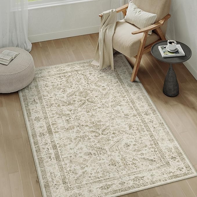 PureCozy Taupe 3x5 Entryway Rug Vintage Area Carpet Indoor Office Washable Door Mat Entrance Small Low Pile Traditional Distressed Retro Accent Throw Rug Non Slip Kitchen Bathroom