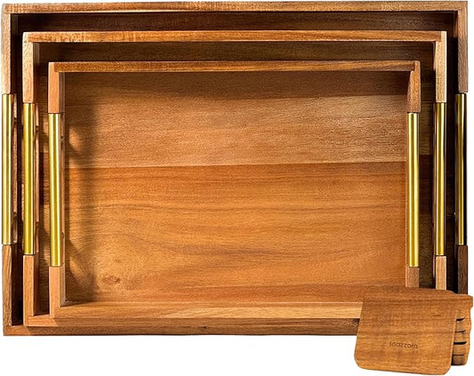 3 Pcs Acacia Wood Serving Trays with Golden Steel Handles 18", 16" & 14" with 6 Coasters - for Coffee Table, Ottoman in Living Room, Breakfast in Bed, Jewelry, Decorative, BBQ, Charcuterie