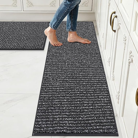 JSEI Kitchen Rugs and Mats, 2PCS Non-Slip Kitchen Mats for Floor, Machine Washable Absorbent and Stain Resistant Kitchen Runner, Carpet Mats with TPR Backing, 17''x30''+17''x60'', Charcoal