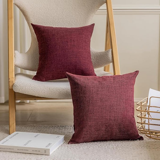 Home Brilliant 24x24 Euro Sham Pillow Covers Textured Lined Linen Throw Pillow Covers Decorative Vintage Pillow Cases for Wedding Christmas, 24 x 24 Inch, Set of 2, Wine Red