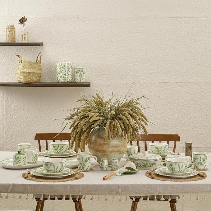 Bico Green Garden Toile De Jouy Cereal Bowls Set of 4, 26 oz Deep Ceramic Soup Bowls for Cereal, Salad, Noodles, Kitchen, Microwave and Dishwasher Safe, Gift for Housewarming and Thanksgiving