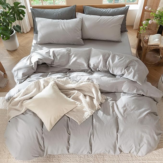 MooMee Bedding Duvet Cover Set 100% Washed Cotton Linen Like Textured Breathable Durable Soft Comfy (Solid Tan, King 104"x90")