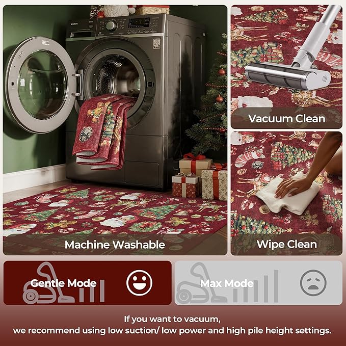 Kokia 2x3 Indoor Christmas Area Rugs for Entryway, Bedroom, Kitchen, Office, Machine Washable Small Door Mat with Santa, Christmas Tree, Bell, Reindeer and Holly, Santa Red