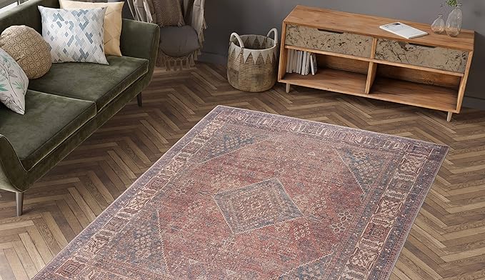 RugOver Machine Washable Area Rug, Pet-Friendly and Non-Slip Indoor Carpet for Kitchen, Bathroom, Living Room, Home Floor Decoration(Clay/Prussian, 5'1" x 7'5")