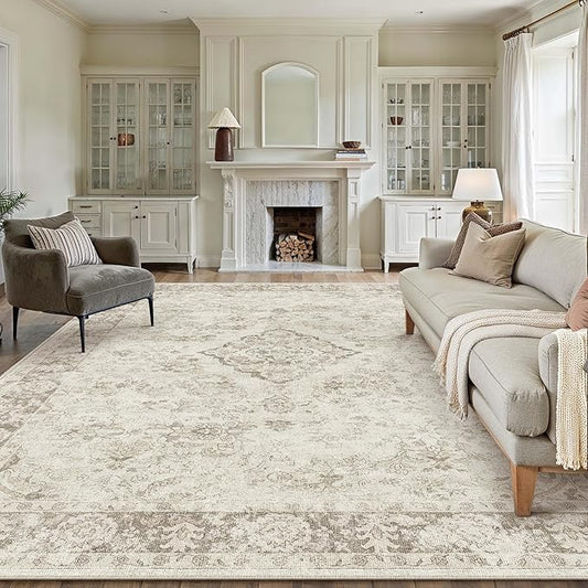 PureCozy 6x9 Area Rug Beige Washable Living Room Bedroom Carpet Vintage Distressed Large Non Slip Low Pile Thin Dining Room Office Medallion Accent Throw Rug