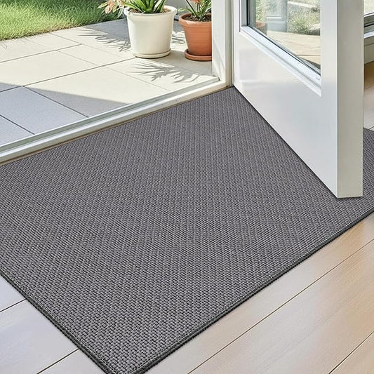 StepAura Indoor Ultra Thin Door Mat 17"x29", Low Profile Non Slip Rubber Backing Front Door Mat Indoor Entrance, Grey