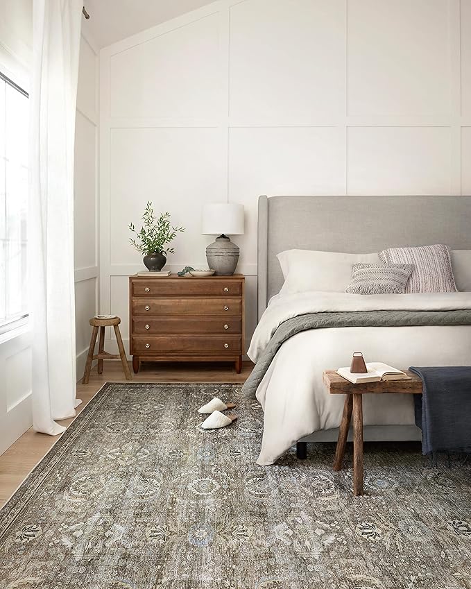 Loloi Layla Collection LAY-13 Antique/Moss 2'-6" x 9'-6" .13" Thick Runner Rug, Soft, Durable, Vintage Inspired, Distressed, Low Pile, Non-Shedding, Easy Clean, Printed, Living Room Rug