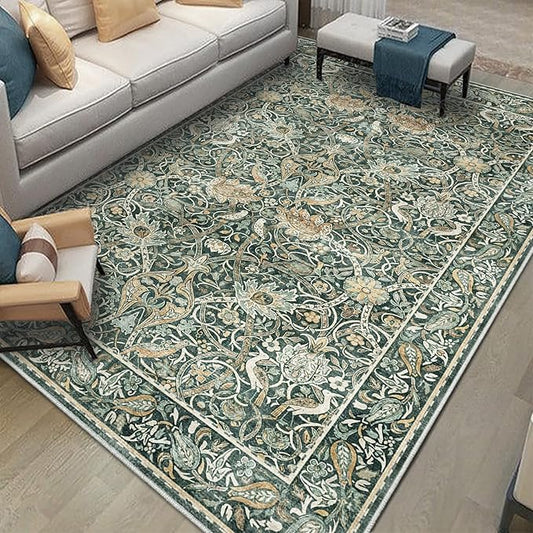 Fortsea 5x7 Indoor Area Rug in Dark Green, Machine Washable Thin Rug Non-Skid Backing, Vintage Style Living Room Bedroom Office Carpet（5x7 Dark Green）
