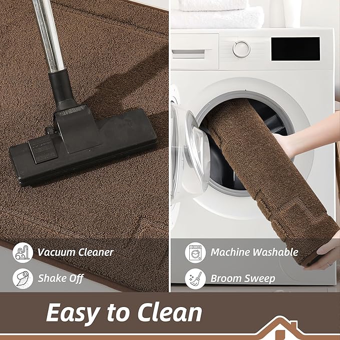 BEQHAUSE Kitchen Rugs Non-Slip Washable [2 PCS], Machine Washable Kitchen Mats Absorbent Soft Kitchen Runner Rugs for Floor, Sink, Hallway, Laundry, 20"x32"+20"x48", Brown