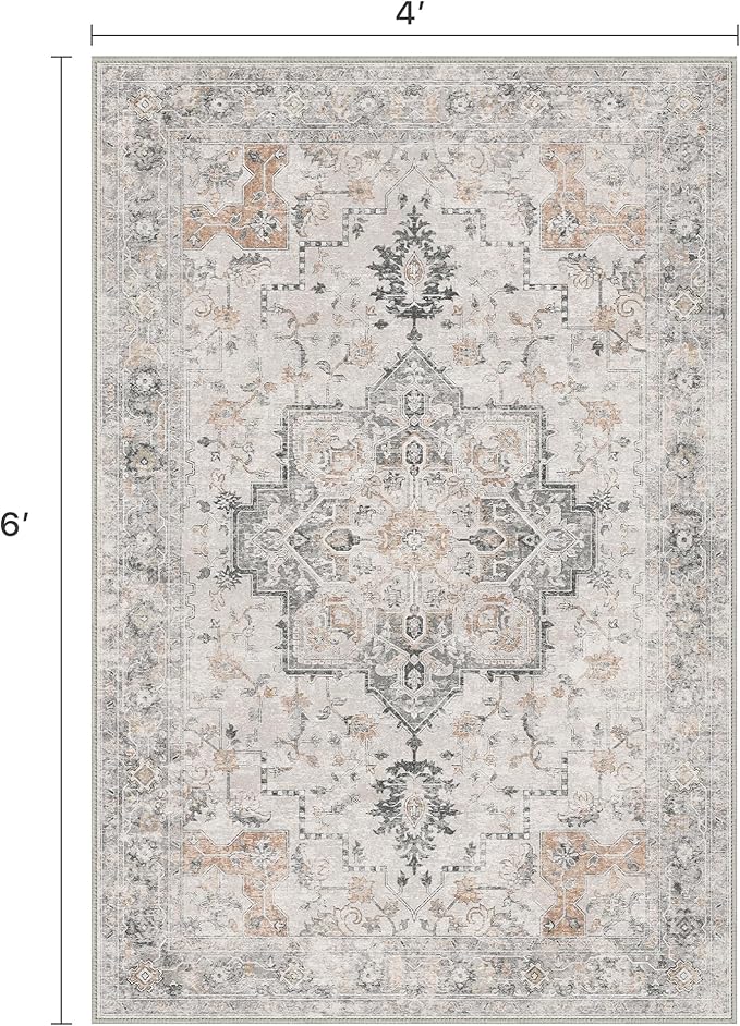 BESBLEE 4x6 Area Rugs for Living Room, Machine Washable Low Pile Vintage Rugs, Non Slip Lightweight Print Rug for Bedroom, Dining Room, Home Office, Light Taupe Brown