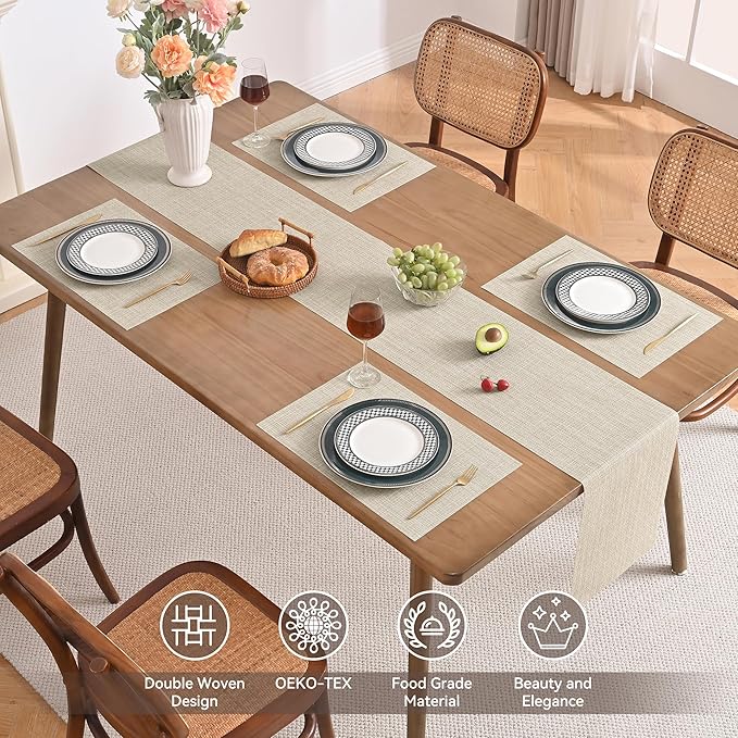 Leetaltree Beige Table Runner and Placemats Set of 5, Heat Resistant Non-Slip Place mats for Dining Table, Washable Durable PVC Vinyl Woven Table Runner Set